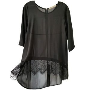 Chloe K | NWOT 3/4 Sleeve Hi Low Eyelash Lace Blouse Back Zip Semi-Sheer Black S